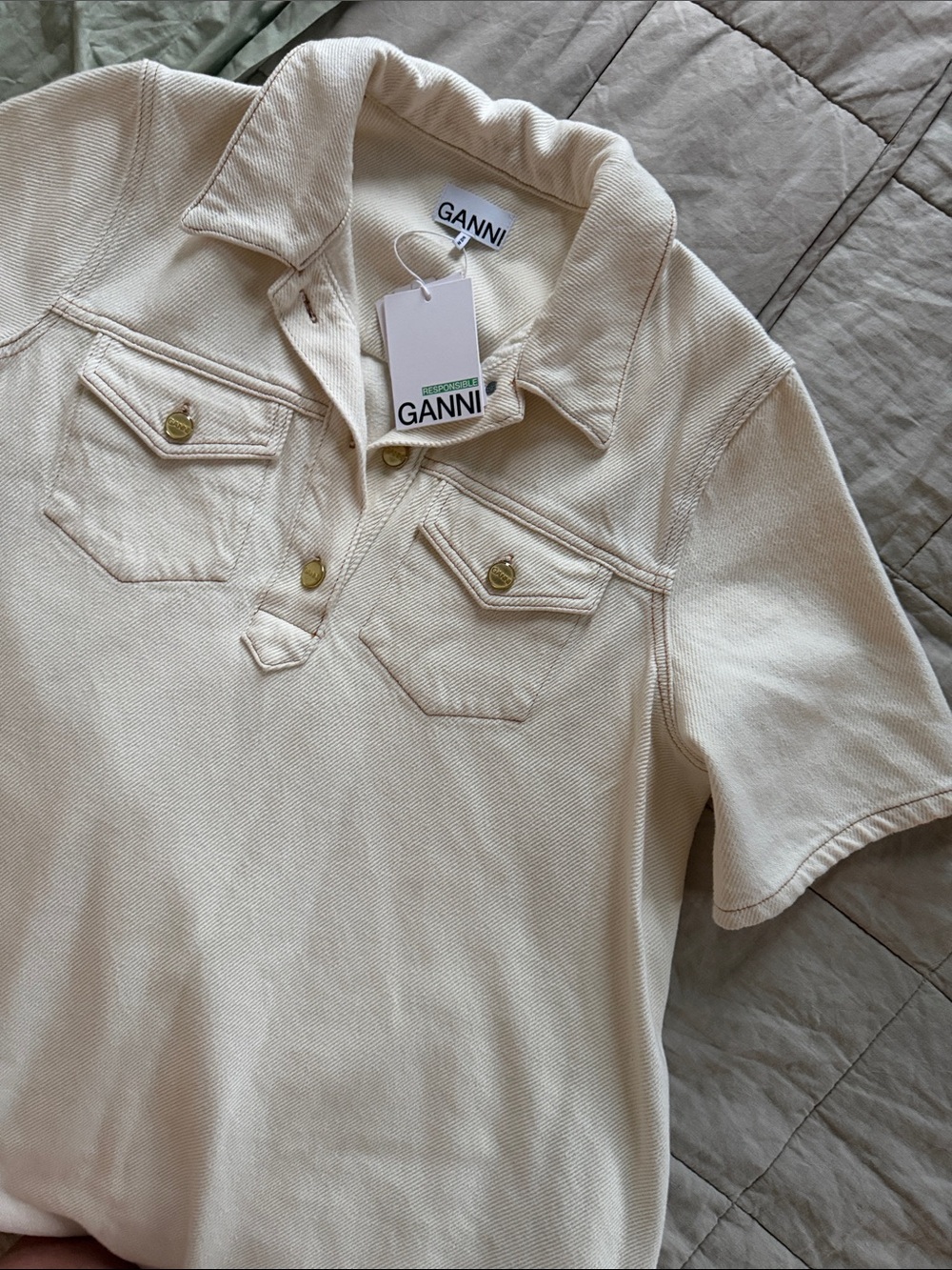Ganni Cream Short-Sleeve Polo Dress with gold buttons
